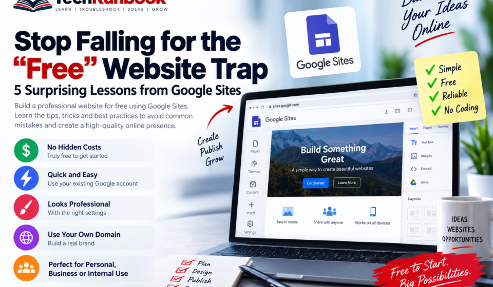 Google Sites website creation guide showing a laptop with Google Sites, the “Free” website trap, and five lessons for building a professional website.
